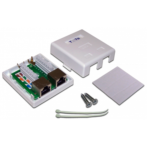 Wall mounting outlet with two RJ-45 category 6 STP sockets, white